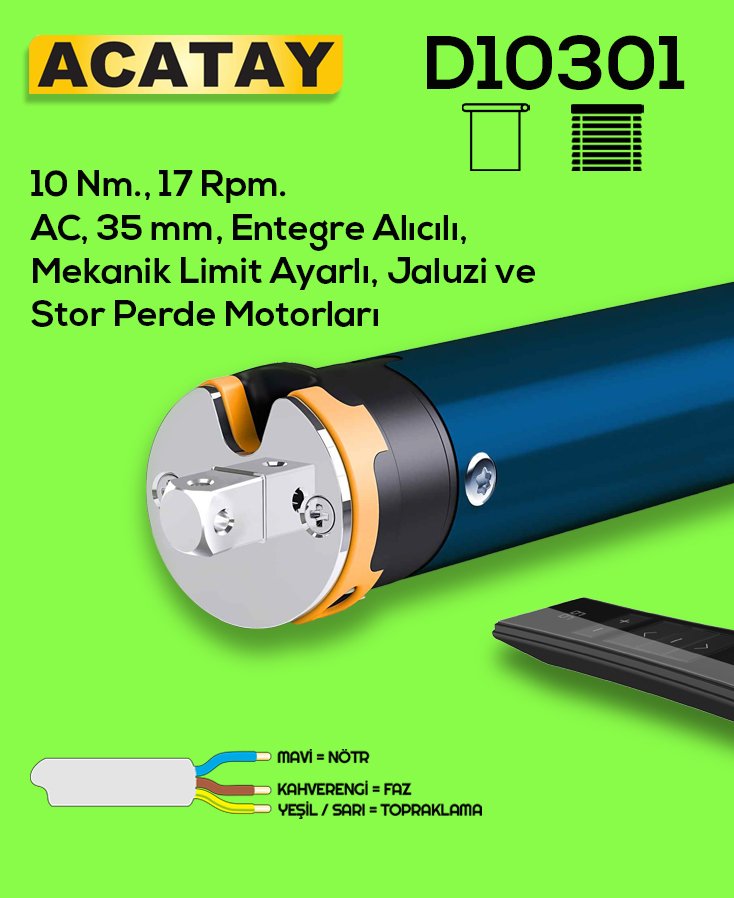 ACATAY D10301 entegre alıcılı perde motoru, 6 Nm kuvvetinde ve 28 rpm hızında çalışır. Mekanik limit ayarına sahip olup, uzaktan kumanda ile kontrol edilebilir. Sessiz ve yüksek performanslı motor çözümü, perde otomasyon sistemleri için idealdir.