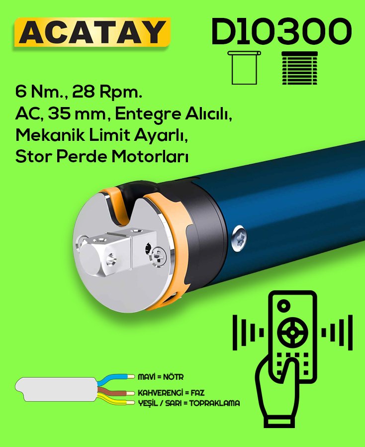 D10300 kodlu 6 Nm kuvvetinde ve 28 rpm dönüş hızına sahip, mekanik limit ayarlı, entegre alıcılı süper sessiz stor perde motoru. ACATAY PERDE MOTORLARI tarafından satılmaktadır ve uzaktan kumanda ile çalışır. Alt ve üst limit ayarları manuel olarak yapılabilir