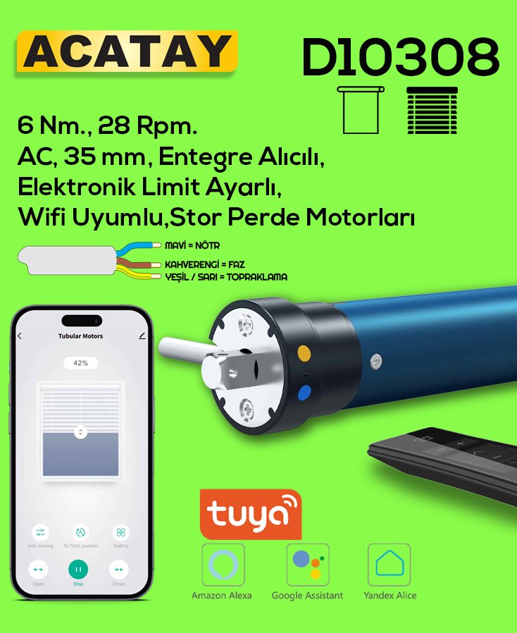 ACATAY D10308 KODLU KENDİNDEN ALICILI, ELEKTRONİK LİMİT AYARLI, Wİ-Fİ UYUMLU 6 NM, 28 RPM STOR PERDE TÜP MOTORU – 35 MM ÇAPINDA.