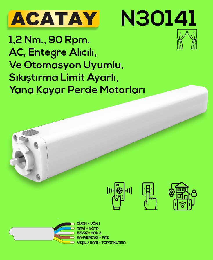 ACATAY N30141 Yana Kayar Perde Motoru – Yüksek Teknoloji, Sessiz Çalışma, 1.2 Nm Tork, 90 RPM Dönüş Hızı