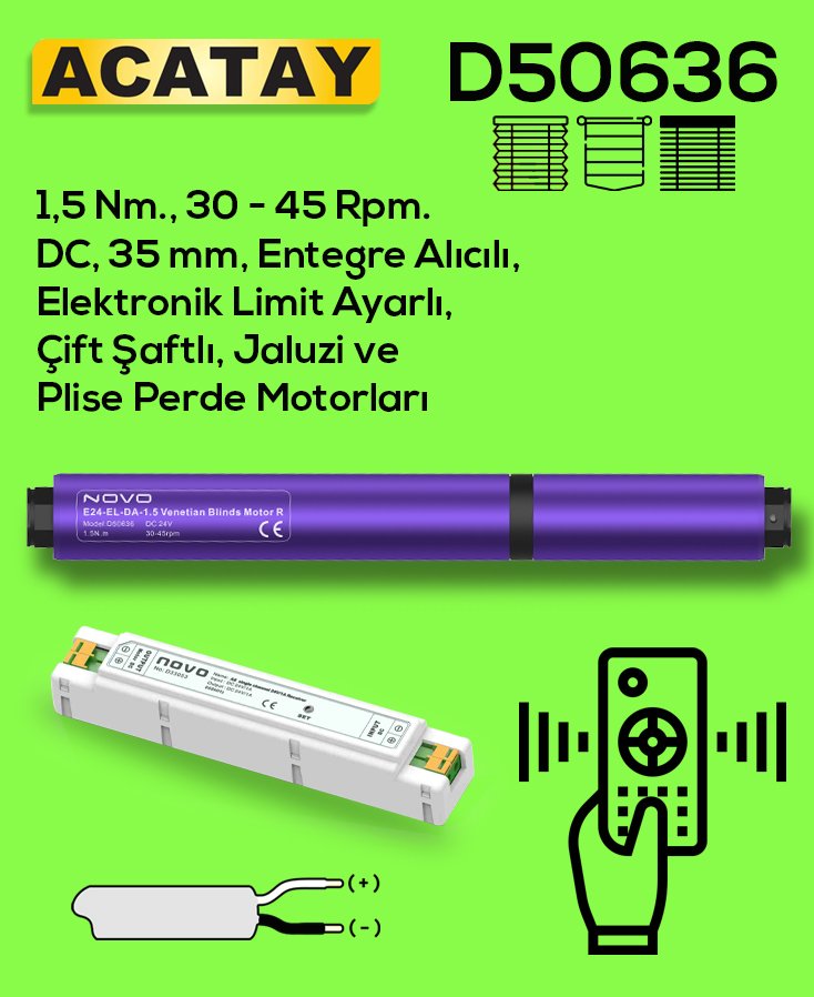 ACATAY D50636 motor - plise, jaluzi, katlamalı perdeler için çift şaftlı, elektronik limit ayarlı motor, 1.5 Nm kuvvet, 30 ve 45 rpm hız seçenekleri