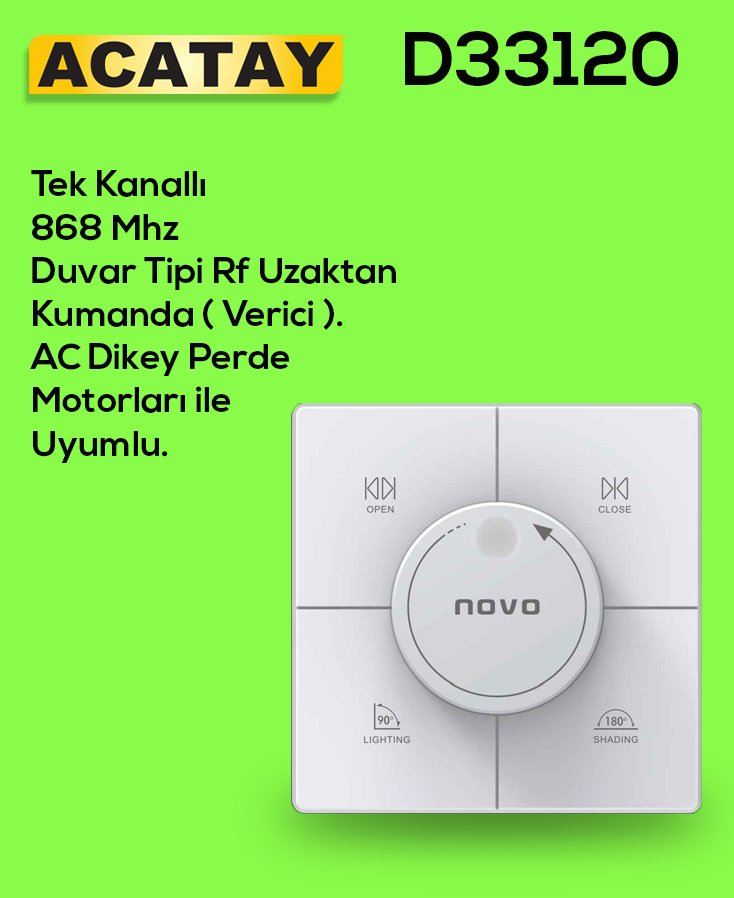ACATAY D33120 RF kumanda, AC dikey perde motorları için tasarlanmış, jaluzi anahtarı görünümlü, joystick özellikli ve 868 MHz frekansında çalışan uzaktan kumanda.
