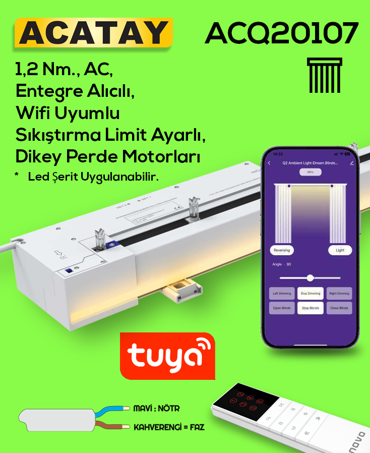 ACQ20107 WI-FI UYUMLU DİKEY PERDE MOTORU, 1.2 NM TORKLU, TUYA SMART KONTROLLÜ, SIKIŞTIRMA LİMİTLİ VE OPSİYONEL LED ŞERİT UYGULANABİLEN MOTORLU DİKEY PERDE SİSTEMİ