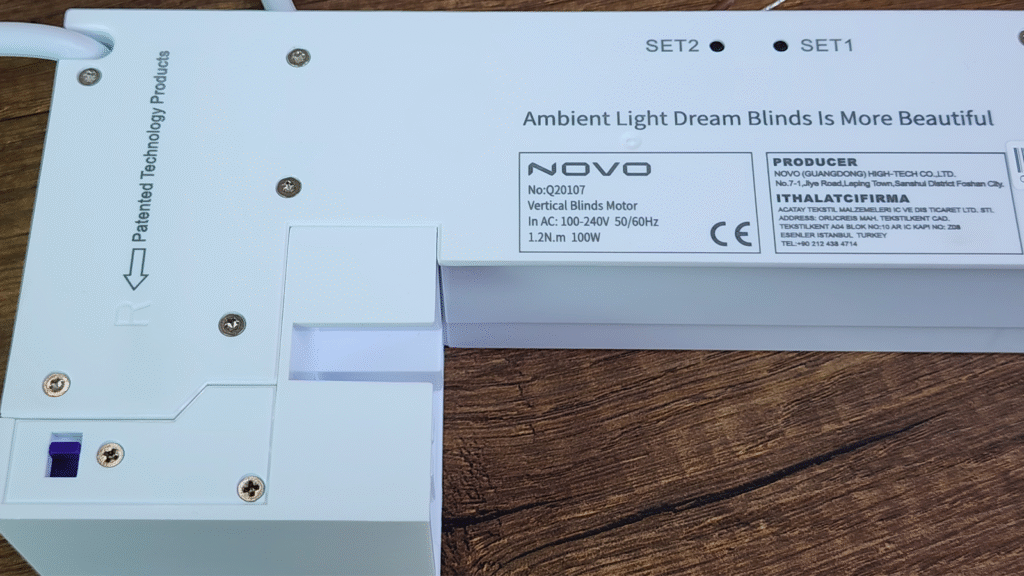 ACQ20107 DİKEY PERDE MOTORU ÜST GÖVDE VE TEKNİK ETİKET GÖRÜNÜMÜ, SET1 SET2 LİMİT AYAR NOKTALARI, 1.2 NM 220V AC WI-FI UYUMLU MOTOR