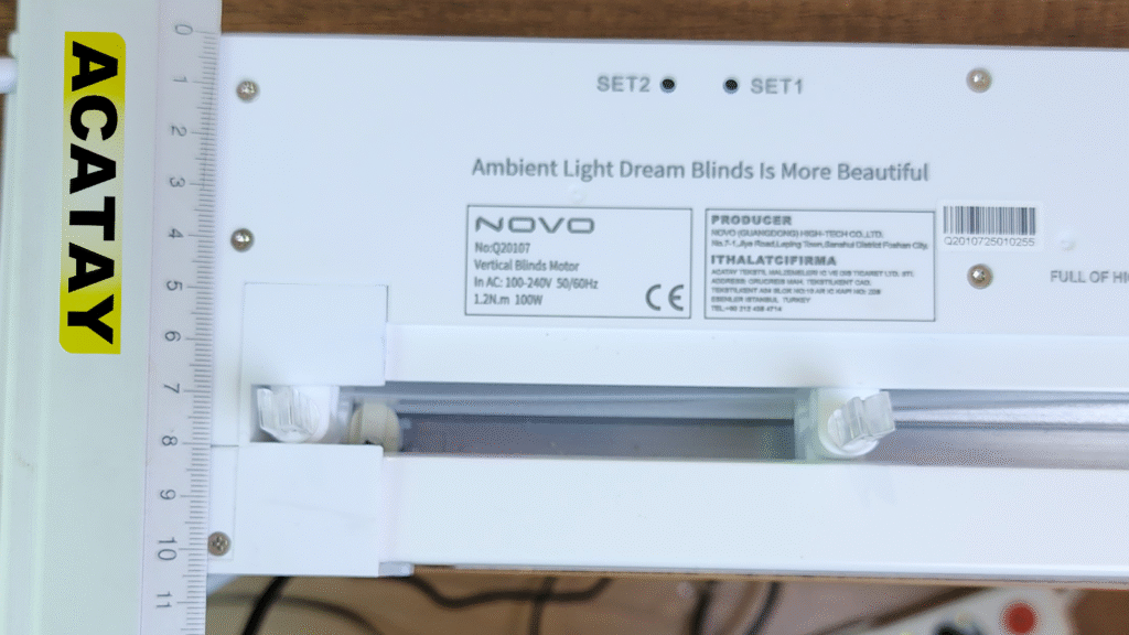 ACQ20107 DİKEY PERDE MOTORU RAY İÇİ MEKANİZMA VE ÜST GÖVDE DETAYI, SET1 SET2 LİMİT AYAR NOKTALARI, 1.2 NM 220V AC WI-FI UYUMLU MOTOR