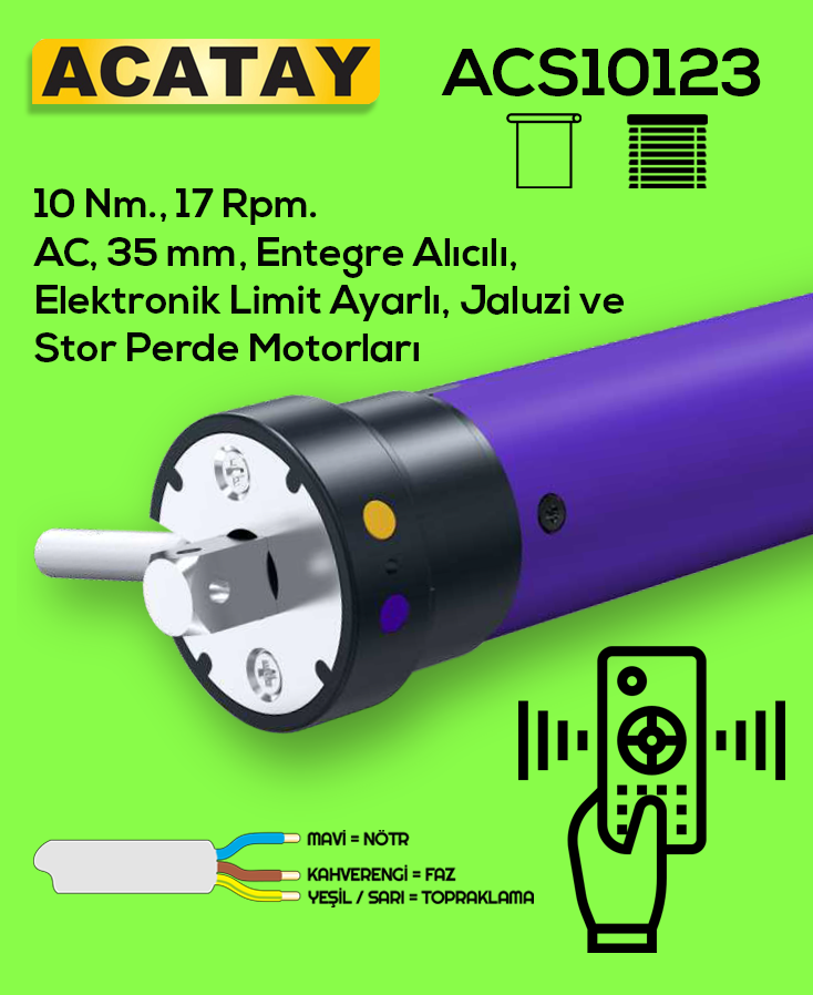 ACS10123 stor perde ve ahşap jaluzi motoru, 10 Nm tork, 17 rpm hız, entegre alıcılı ve elektronik limit ayarlı perde motoru
