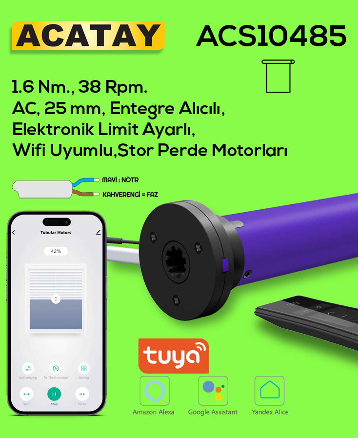 ACATAY ACS10485 ENTEGRE WI-FI UYUMLU STOR PERDE MOTORU, 1.6 NM TORK, 38 RPM HIZ, ELEKTRONİK LİMİT AYARLI, TUYA SMART UYUMLU AKILLI PERDE MOTORU